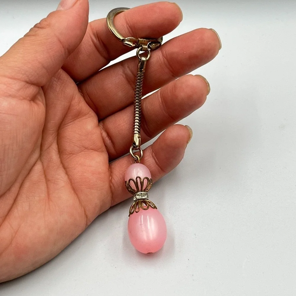 Vintage Retro Pink Moonglow Bead Keychain Gold Tone Snake Chain Rhinestone